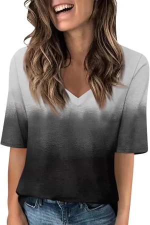 Women's V Neck T Shirts Casual Half Sleeve Tops Basic Summer Tees 2025 Dressy Casual Elbow Sleeve Blouse Trendy