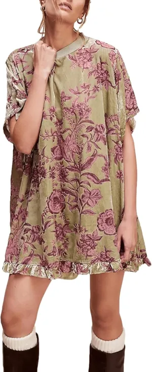 Women's Vintage Velvet Dress Round Neck Short Sleeve Floral Printed Mini Flowy Dress