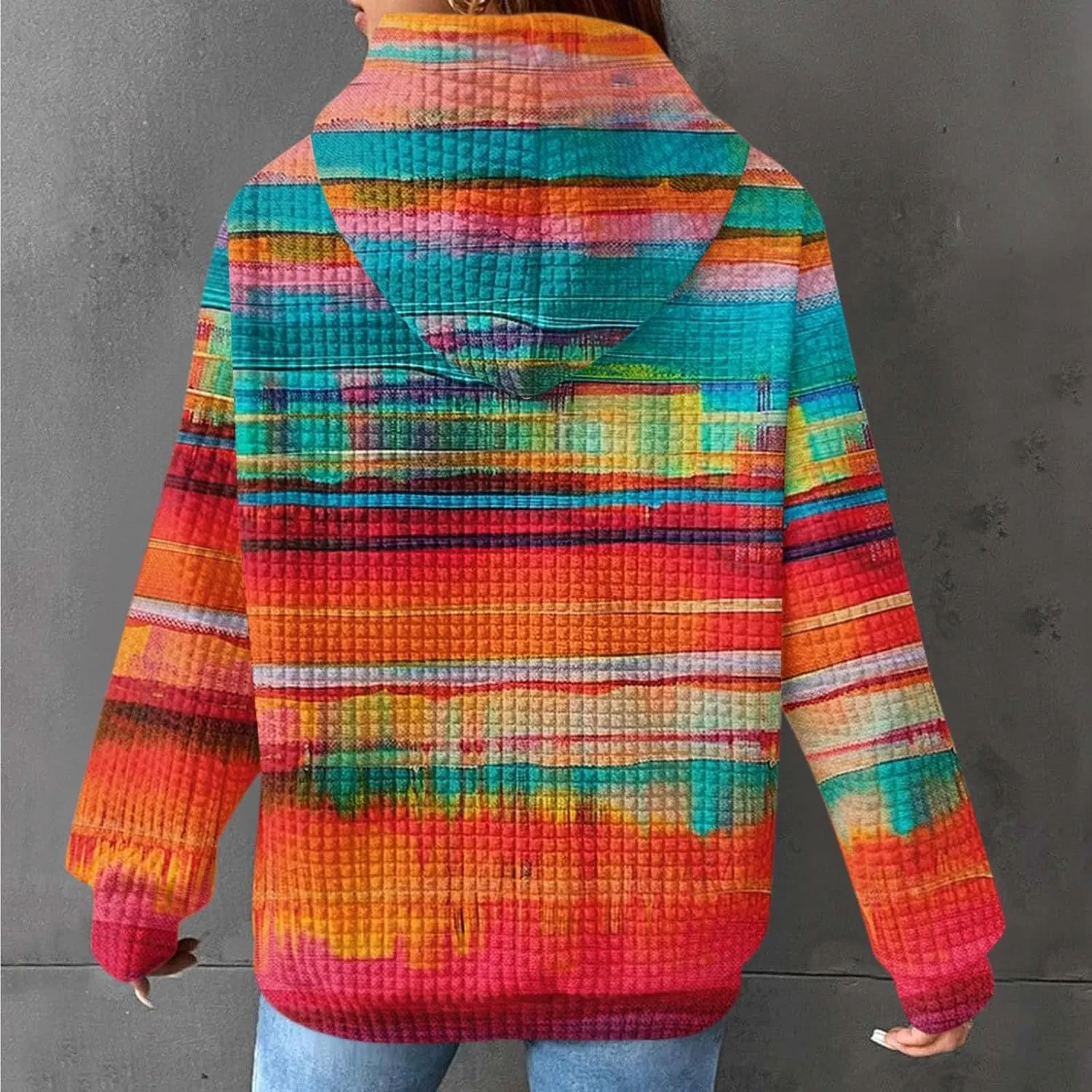 Womens Waffle Knit Hoodie Oversized Fashion Multicolored Sweatshirt Casual Drawstring Pullover Tops with Pockets
