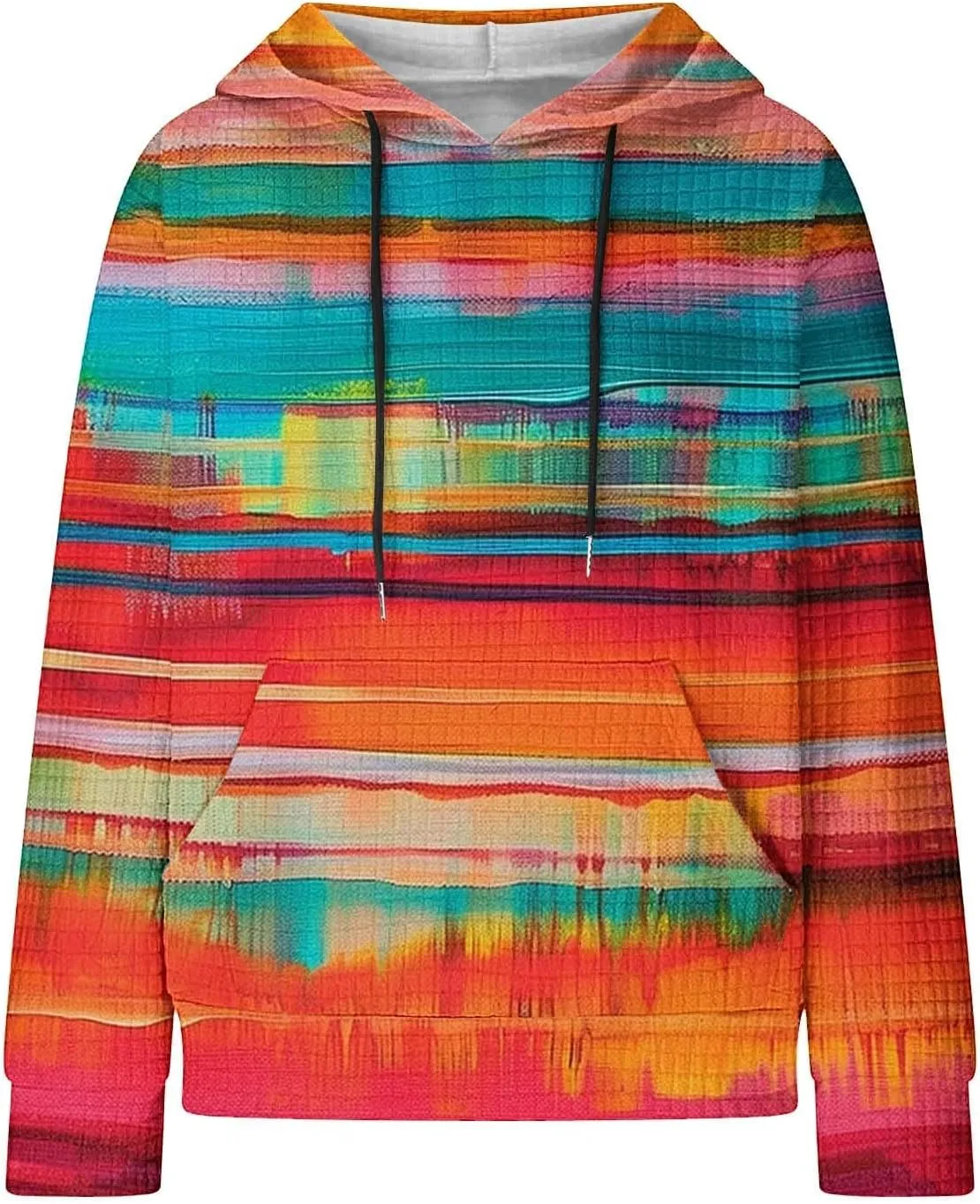 Womens Waffle Knit Hoodie Oversized Fashion Multicolored Sweatshirt Casual Drawstring Pullover Tops with Pockets