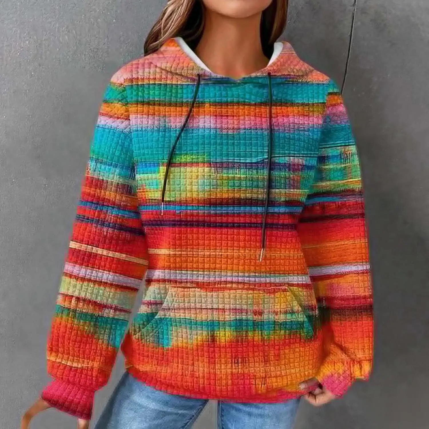 Womens Waffle Knit Hoodie Oversized Fashion Multicolored Sweatshirt Casual Drawstring Pullover Tops with Pockets