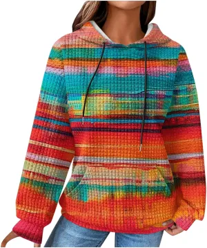 Womens Waffle Knit Hoodie Oversized Fashion Multicolored Sweatshirt Casual Drawstring Pullover Tops with Pockets
