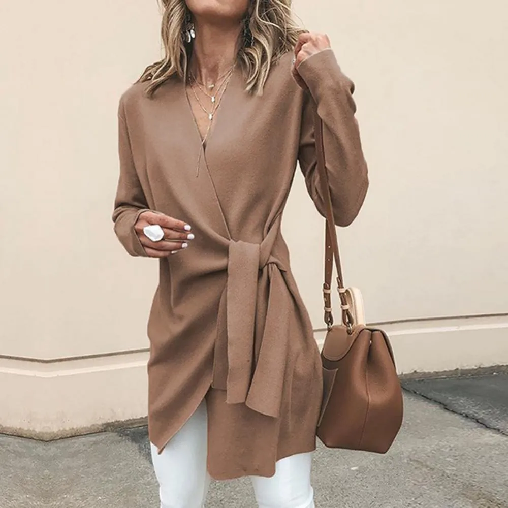 Women's Wrap Cardigan - Adjustable Tie Waist - V-Neck Long Sleeve - Elegant Layer
