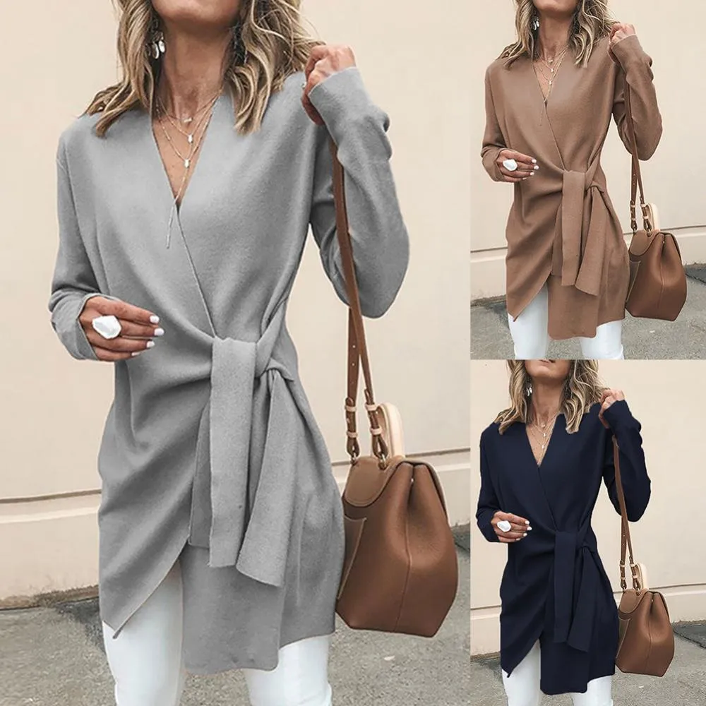 Women's Wrap Cardigan - Adjustable Tie Waist - V-Neck Long Sleeve - Elegant Layer