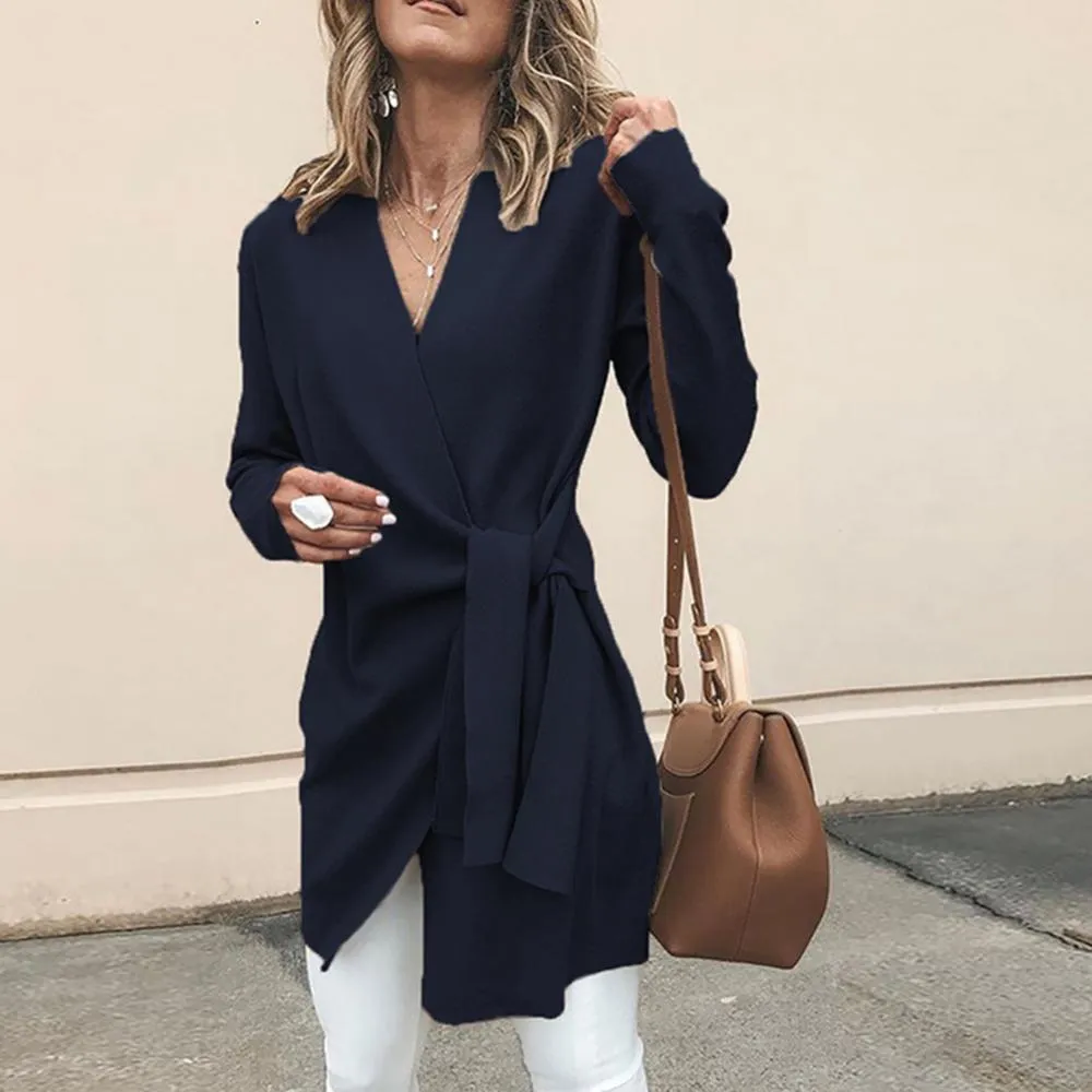 Women's Wrap Cardigan - Adjustable Tie Waist - V-Neck Long Sleeve - Elegant Layer