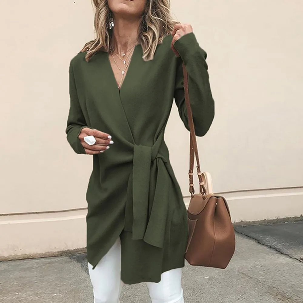 Women's Wrap Cardigan - Adjustable Tie Waist - V-Neck Long Sleeve - Elegant Layer