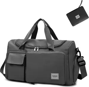 WOOMADA Foldable Travel Duffel Bag with Shoes Compartment, Overnight Bag with Wet Pocket & Trolley Sleeve, Weekender Bags for Women (charcoal)