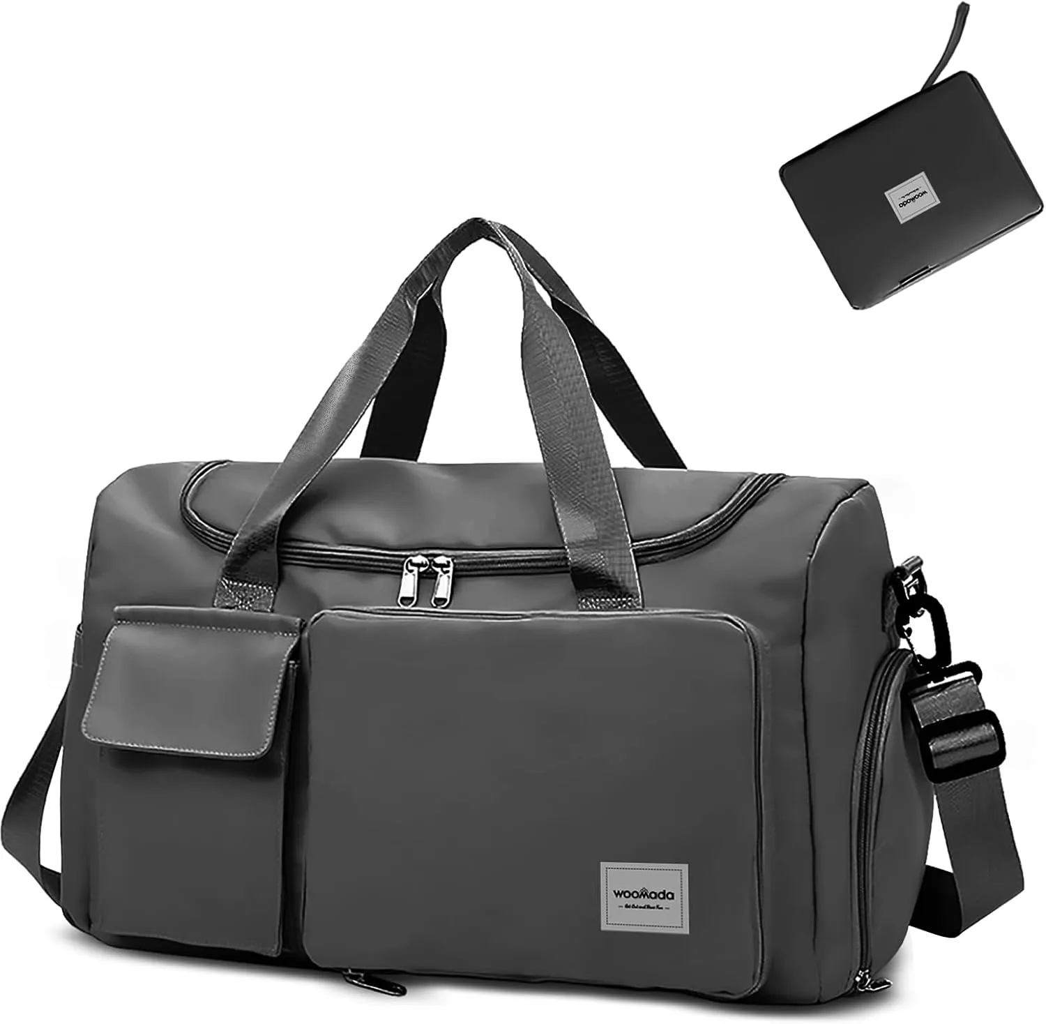 WOOMADA Foldable Travel Duffel Bag with Shoes Compartment, Overnight Bag with Wet Pocket & Trolley Sleeve, Weekender Bags for Women (charcoal)