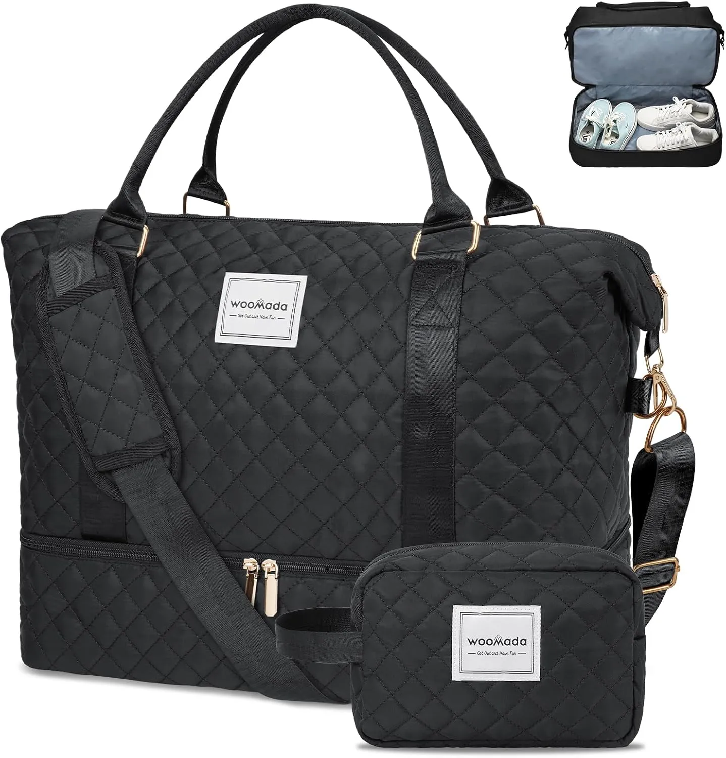 WOOMADA Weekender Bag for Women, Carry on Travel Duffel with Shoes Compartment, Large Size Overnight Bag with Toiletry Bag(black)