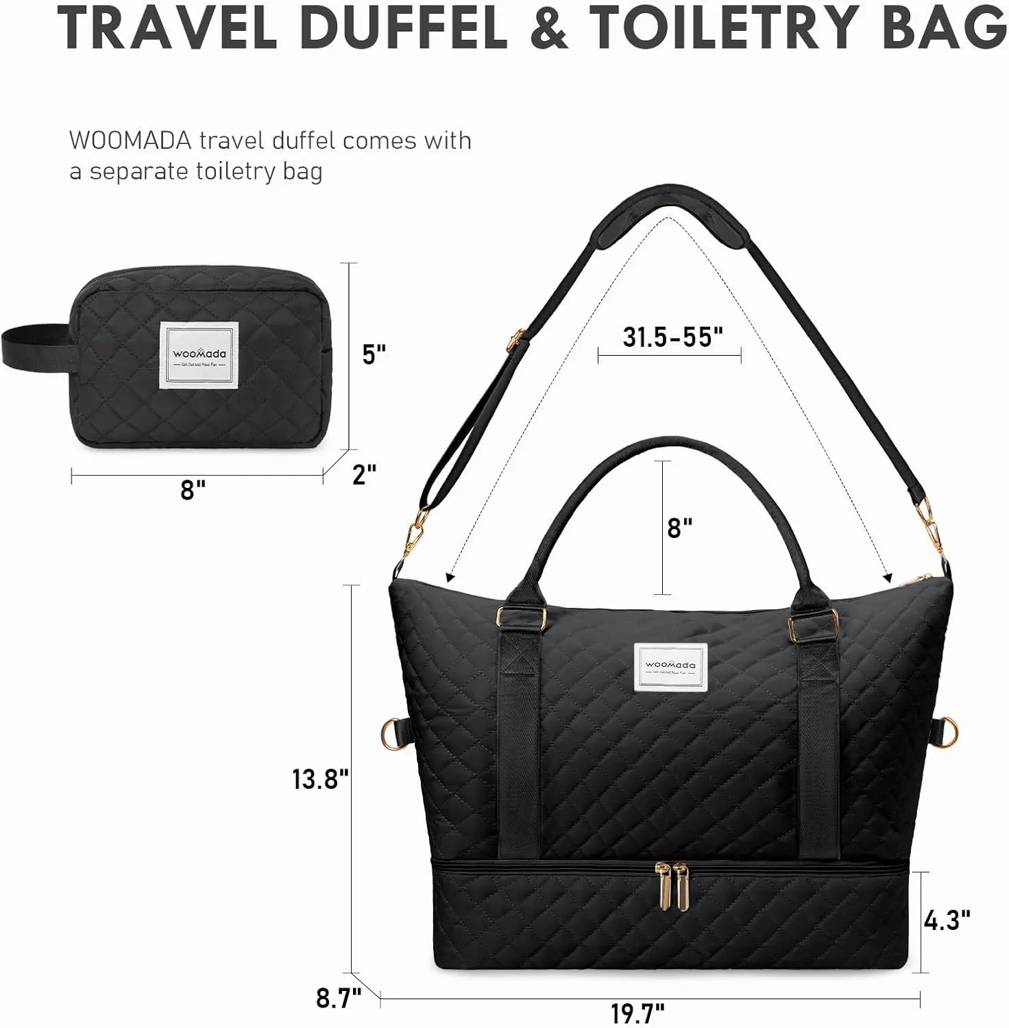 WOOMADA Weekender Bag for Women, Carry on Travel Duffel with Shoes Compartment, Large Size Overnight Bag with Toiletry Bag(black)