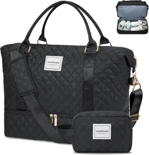 WOOMADA Weekender Bag for Women, Carry on Travel Duffel with Shoes Compartment, Large Size Overnight Bag with Toiletry Bag(black)