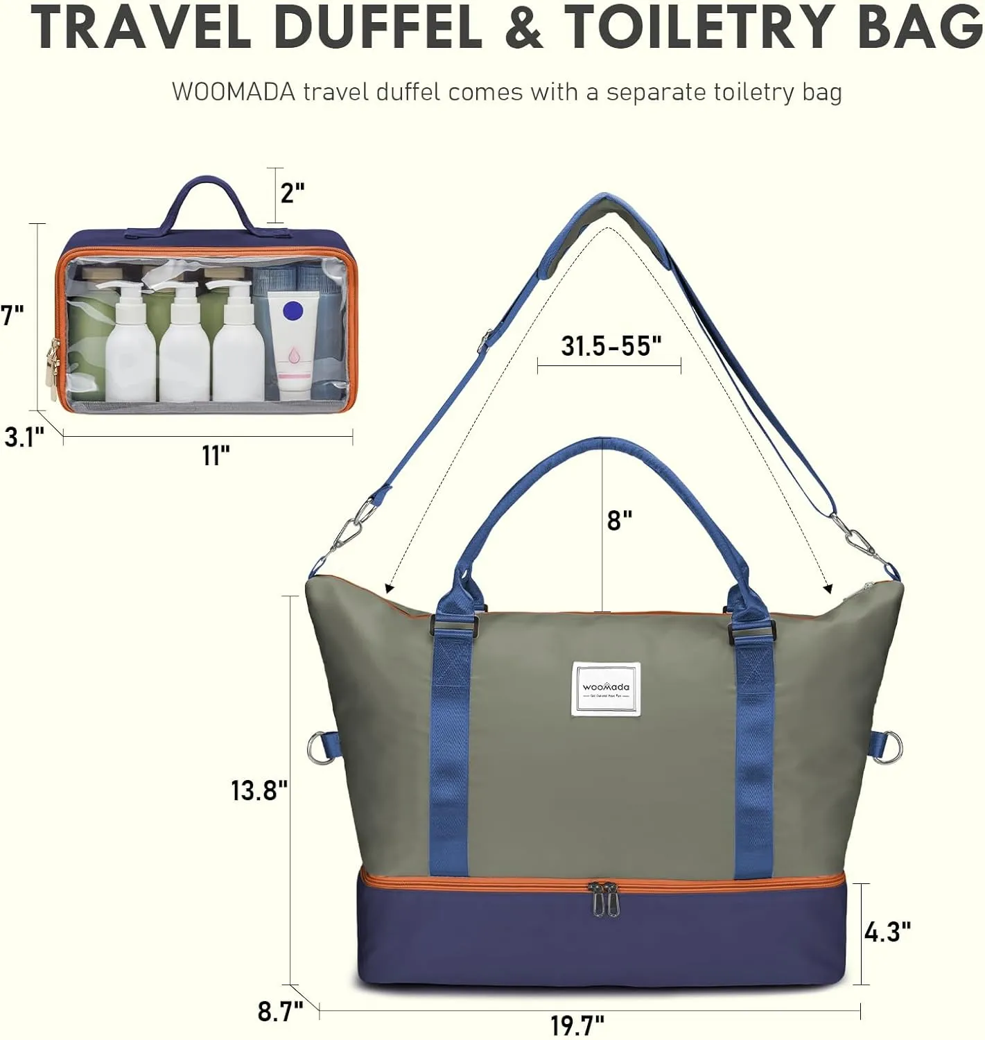 WOOMADA Weekender Overnight Bag for Women, Carry on Shoulder Travel Duffel with Shoes Compartment,Gym Bag with Toiletry Bag