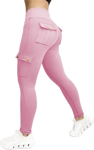 Workout Cargo Leggings for Women High Waist Tummy Control Yoga Butt Lifting Leggings Gym Tights with Flap Pockets