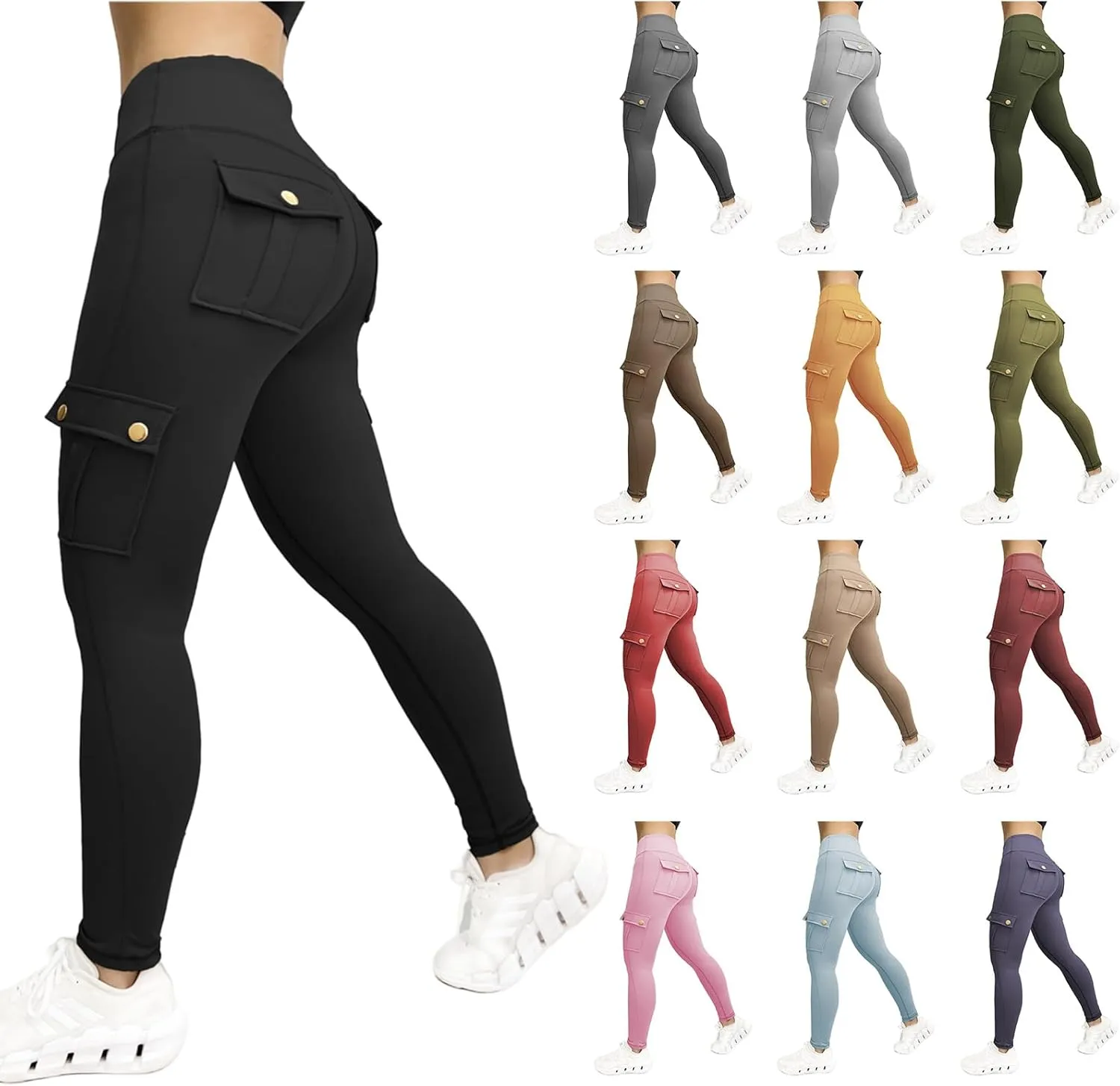 Workout Cargo Leggings for Women High Waist Tummy Control Yoga Butt Lifting Leggings Gym Tights with Flap Pockets