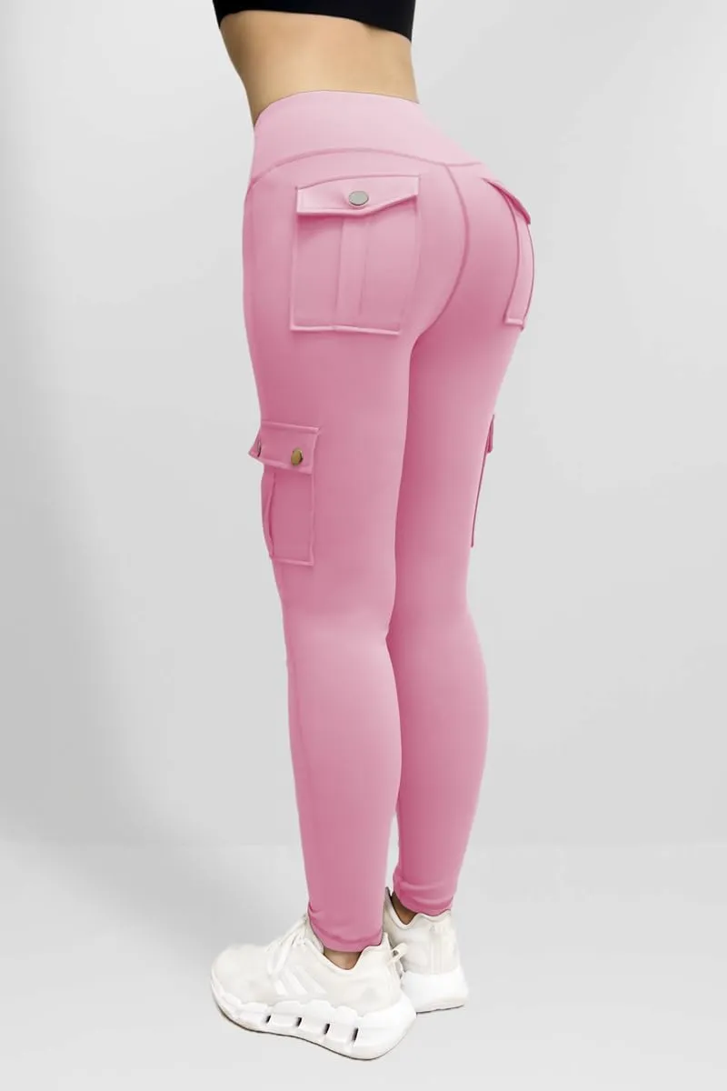 Workout Cargo Leggings for Women High Waist Tummy Control Yoga Butt Lifting Leggings Gym Tights with Flap Pockets