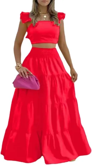 Wuitrie Two Piece Maxi Skirt Set for Women Ruffle Flying Sleeve Tops High-Waisted Elasticated Waist Long Skirts