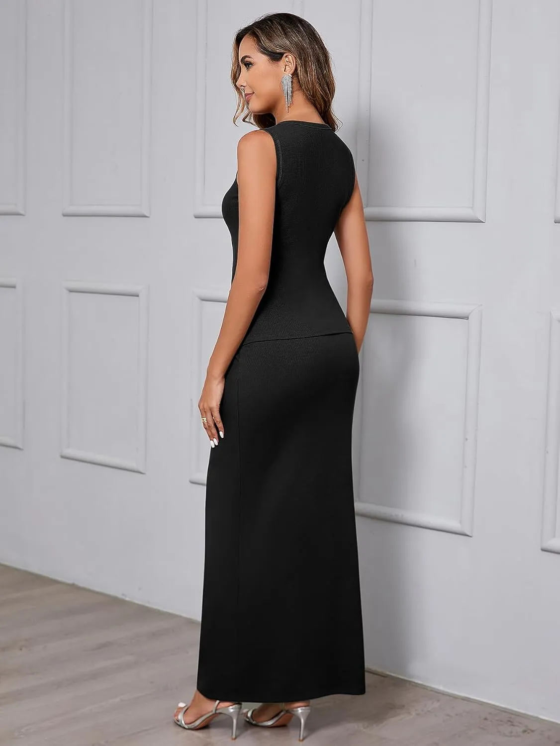 XinFSh Women's Two Piece Maxi Skirt Set Summer Sleeveless Button Down Tank Bodycon Matching Sets Going Out Dress Outfits