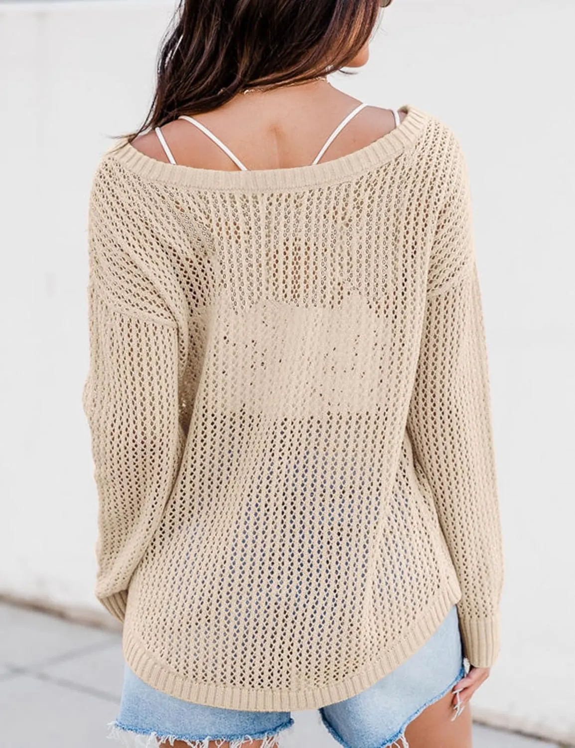 XuBa Women's Crochet Top Shirts Long Sleeve Hollow Out Summer Sweater Knit Cover Up