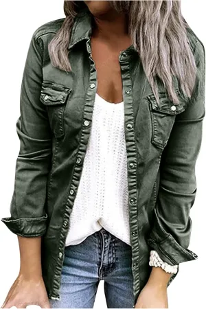 XUNRYAN Women Western Denim Jacket Distressed Casual Button Down Shirts Smocked Shacket Jean Jacket Long Sleeve Blouses Tops