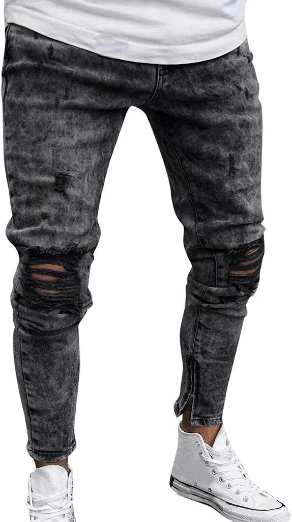 Ymosrh Mens Jeans Denim Pants Distressed Ripped Freyed Slim Fit Jeans Trousers Men's Stretch Pants
