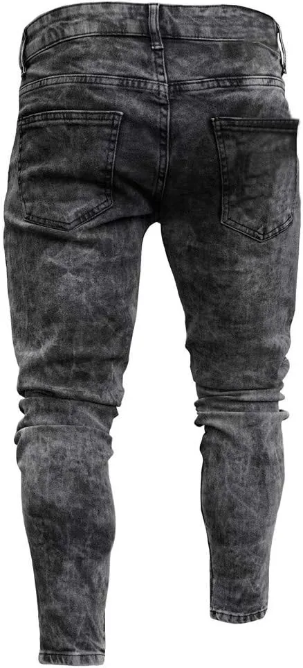 Ymosrh Mens Jeans Denim Pants Distressed Ripped Freyed Slim Fit Jeans Trousers Men's Stretch Pants