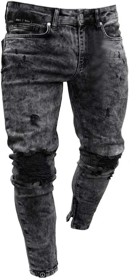 Ymosrh Mens Jeans Denim Pants Distressed Ripped Freyed Slim Fit Jeans Trousers Men's Stretch Pants