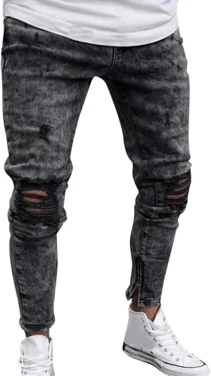 Ymosrh Mens Jeans Denim Pants Distressed Ripped Freyed Slim Fit Jeans Trousers Men's Stretch Pants