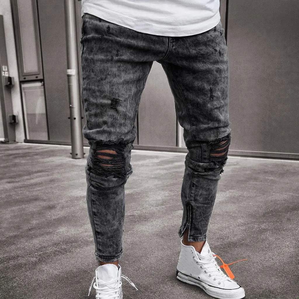 Ymosrh Mens Jeans Denim Pants Distressed Ripped Freyed Slim Fit Jeans Trousers Men's Stretch Pants