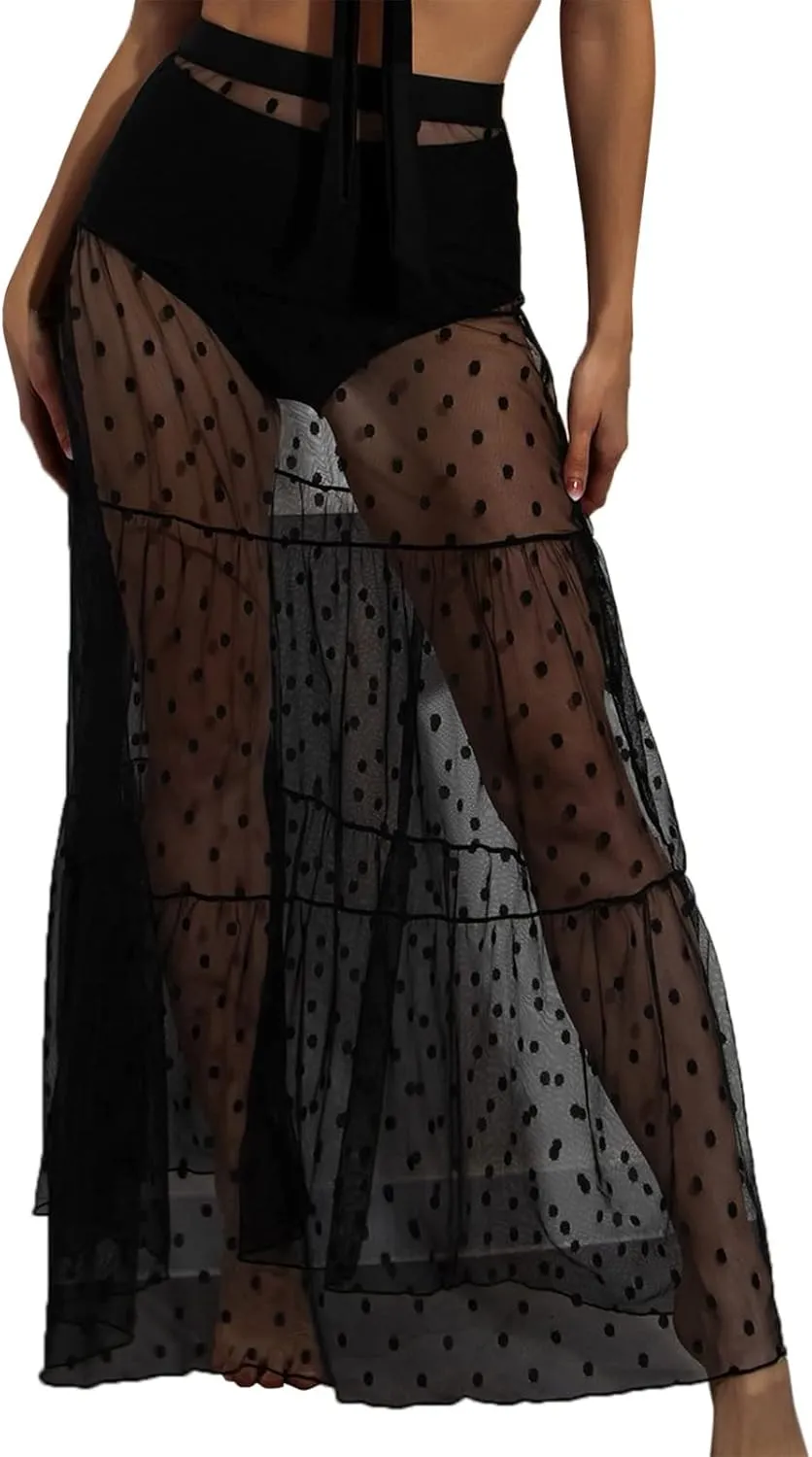 YOLAI Women Mesh See Through Cover Up Skirt Polka Dot Embroidery Layered Maxi Skirt High Waisted Sexy Bikini Bottom (Black, M)