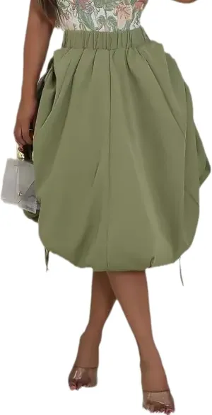 Yuopeid Women's Y2K Bubble Drawstring Skirt Fashion Elastic Waist Irregular Puffy Bandage Balloon Midi Skirt
