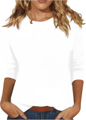 YUTANRAL Blusas Casuales De Mujer Bonitas 3/4 Length Sleeve Womens Tops Dressy Casual Summer Tops for Women 2024 Trendy Vacation Crew Neck T Shirts Temu Clothes Comfy Basic Tees(8g-White,Large)