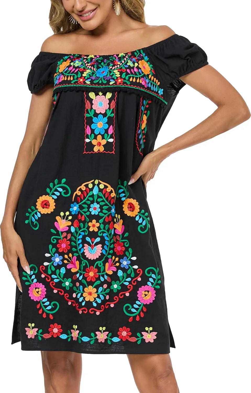 YZXDORWJ Women Mexican Embroidered Dress Casual Loose Bohemian Floral Dress Short Sleeve Long Maxi Summer Beach Swing Dress