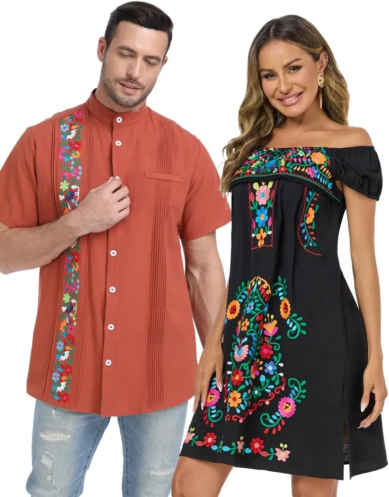 YZXDORWJ Women Mexican Embroidered Dress Casual Loose Bohemian Floral Dress Short Sleeve Long Maxi Summer Beach Swing Dress