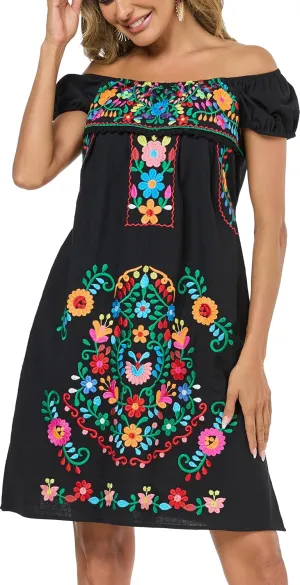 YZXDORWJ Women Mexican Embroidered Dress Casual Loose Bohemian Floral Dress Short Sleeve Long Maxi Summer Beach Swing Dress