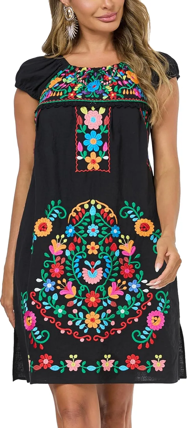 YZXDORWJ Women Mexican Embroidered Dress Casual Loose Bohemian Floral Dress Short Sleeve Long Maxi Summer Beach Swing Dress