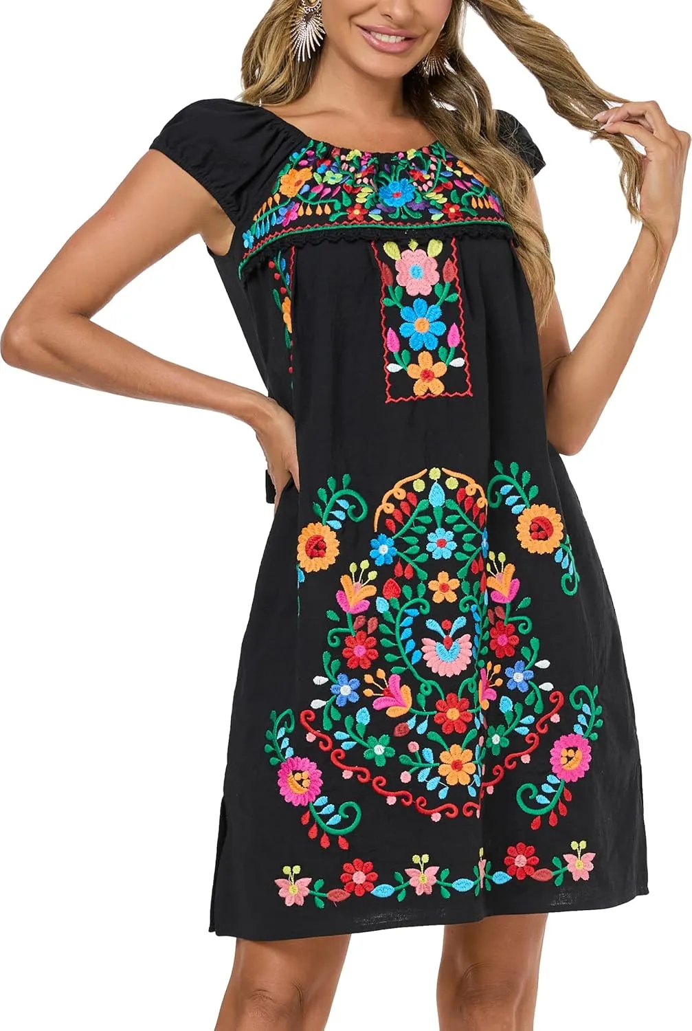 YZXDORWJ Women Mexican Embroidered Dress Casual Loose Bohemian Floral Dress Short Sleeve Long Maxi Summer Beach Swing Dress