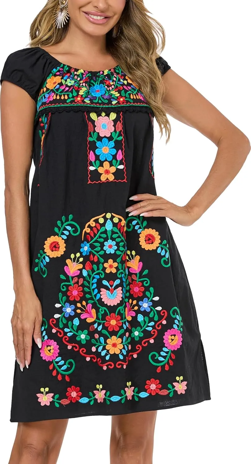 YZXDORWJ Women Mexican Embroidered Dress Casual Loose Bohemian Floral Dress Short Sleeve Long Maxi Summer Beach Swing Dress