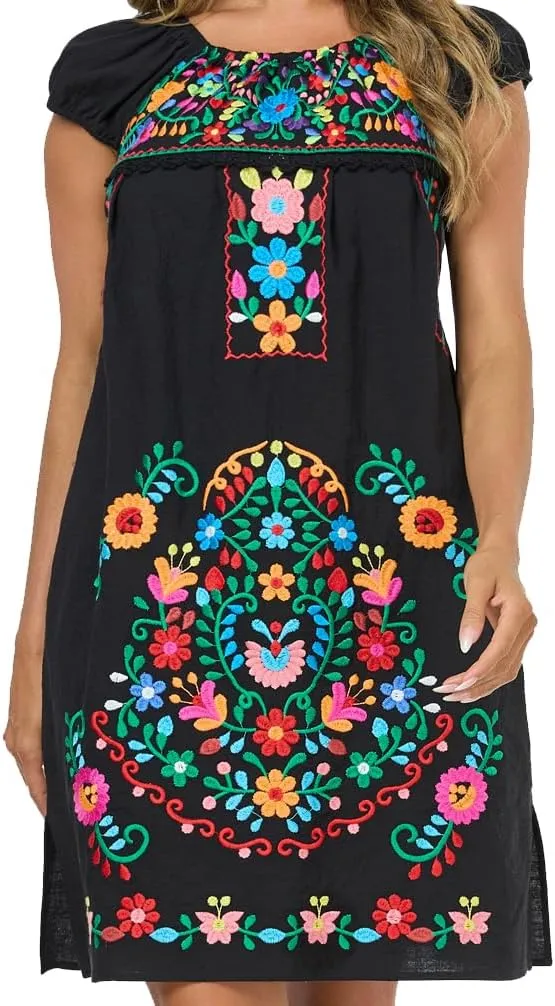 YZXDORWJ Women Mexican Embroidered Dress Casual Loose Bohemian Floral Dress Short Sleeve Long Maxi Summer Beach Swing Dress