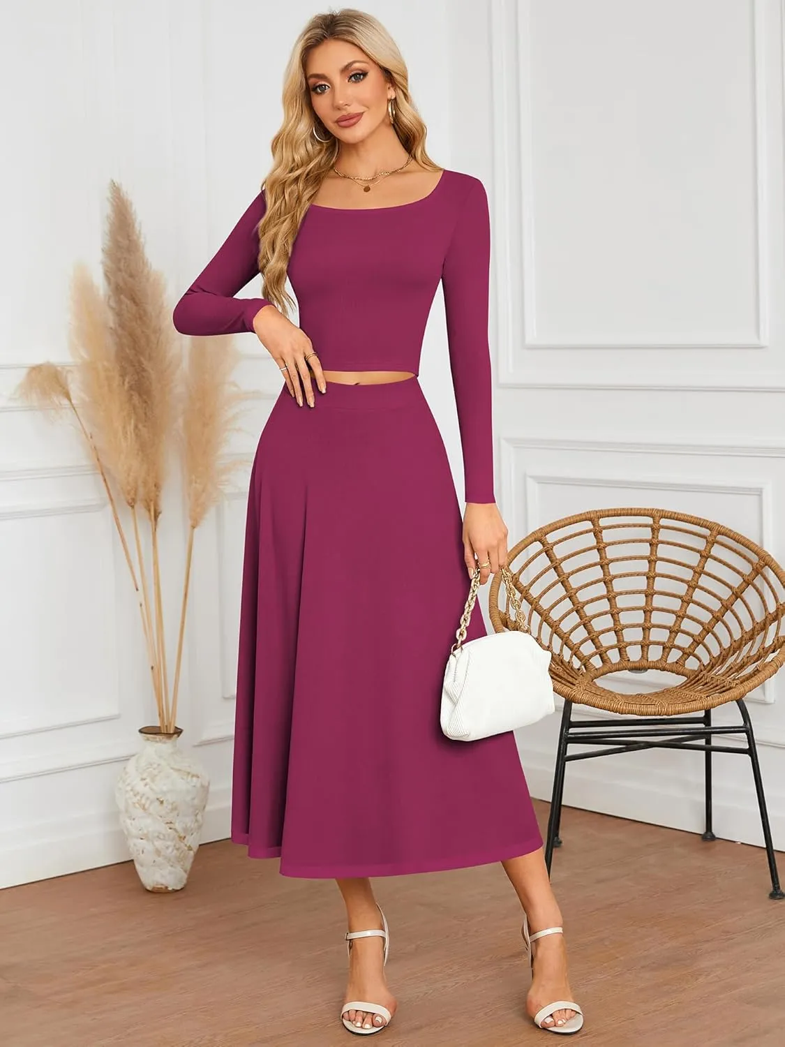 ZAFUL Two Piece Skirt Sets For Women 2024 Trendy Fall Outfits Square Neck Long Sleeve Crop Top Flowy Midi Skirt Set
