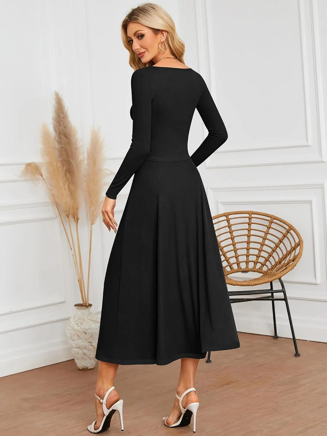 ZAFUL Two Piece Skirt Sets For Women 2024 Trendy Fall Outfits Square Neck Long Sleeve Crop Top Flowy Midi Skirt Set