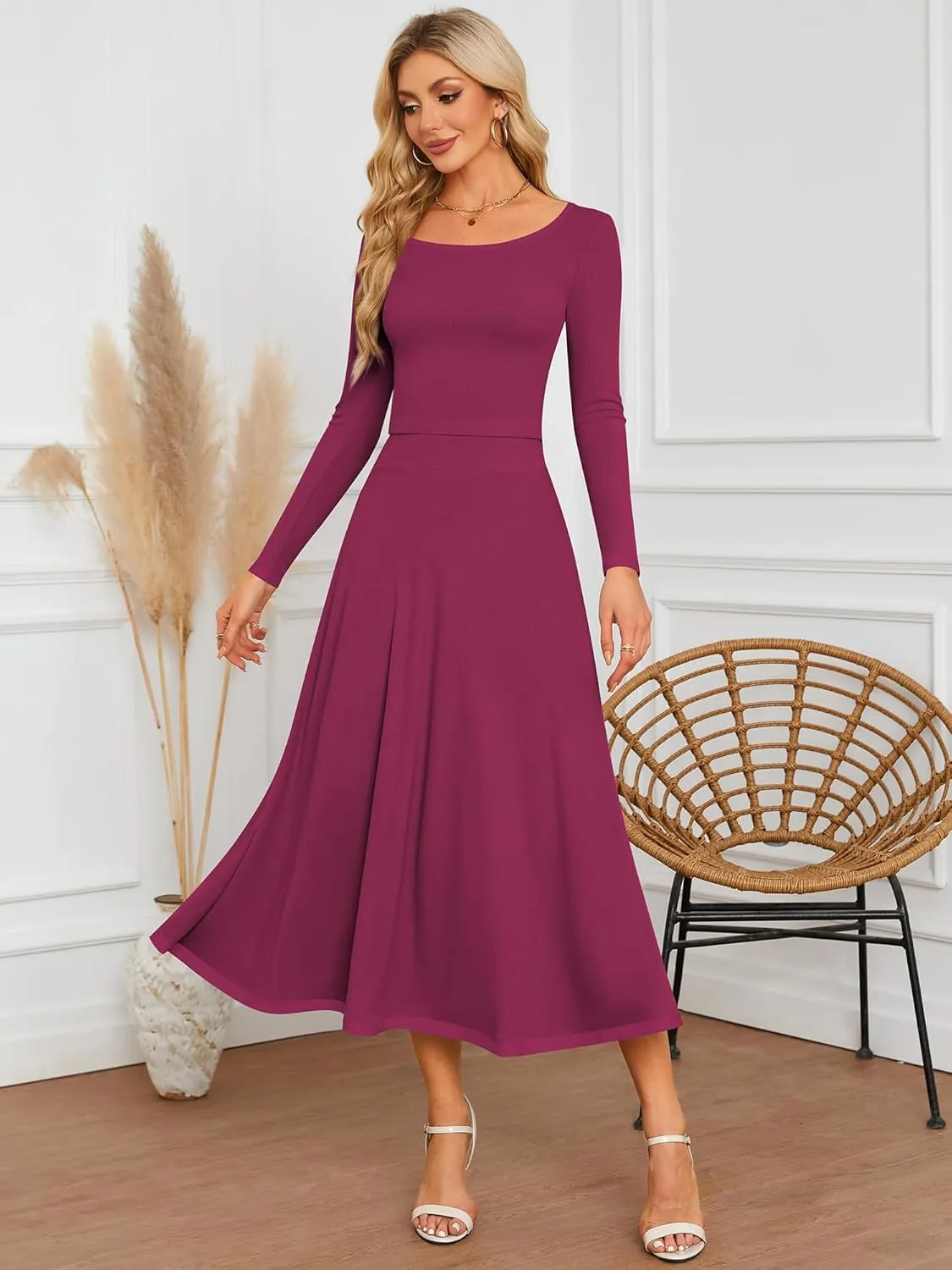 ZAFUL Two Piece Skirt Sets For Women 2024 Trendy Fall Outfits Square Neck Long Sleeve Crop Top Flowy Midi Skirt Set
