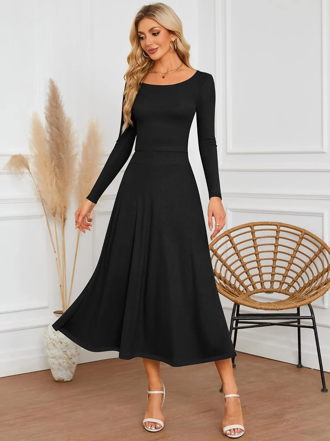 ZAFUL Two Piece Skirt Sets For Women 2024 Trendy Fall Outfits Square Neck Long Sleeve Crop Top Flowy Midi Skirt Set