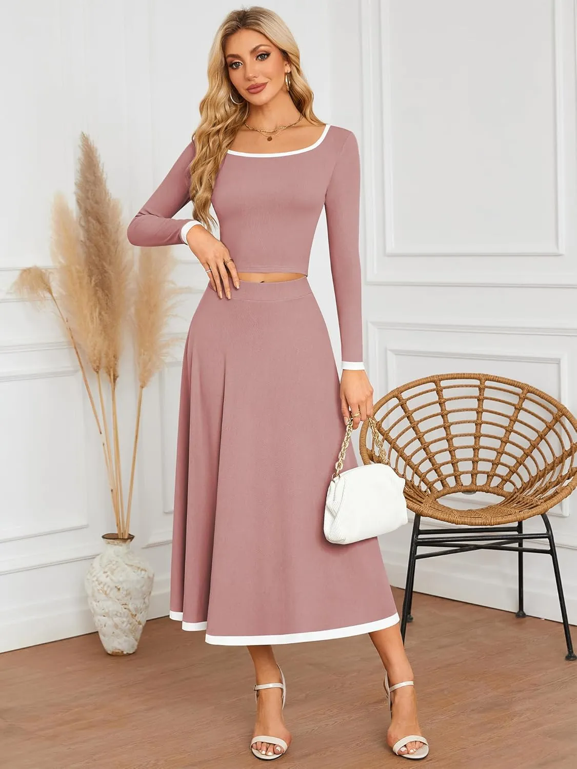 ZAFUL Two Piece Skirt Sets For Women 2024 Trendy Fall Outfits Square Neck Long Sleeve Crop Top Flowy Midi Skirt Set