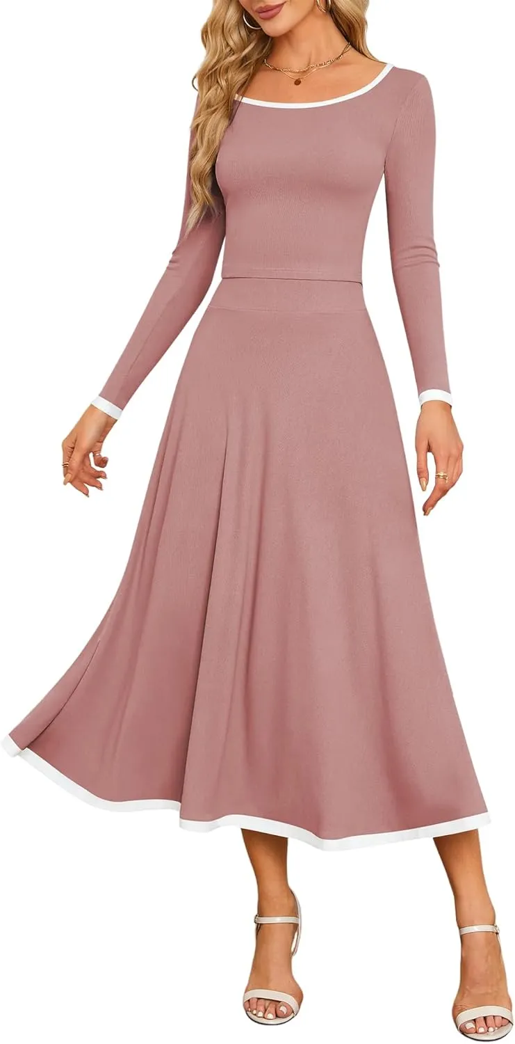 ZAFUL Two Piece Skirt Sets For Women 2024 Trendy Fall Outfits Square Neck Long Sleeve Crop Top Flowy Midi Skirt Set