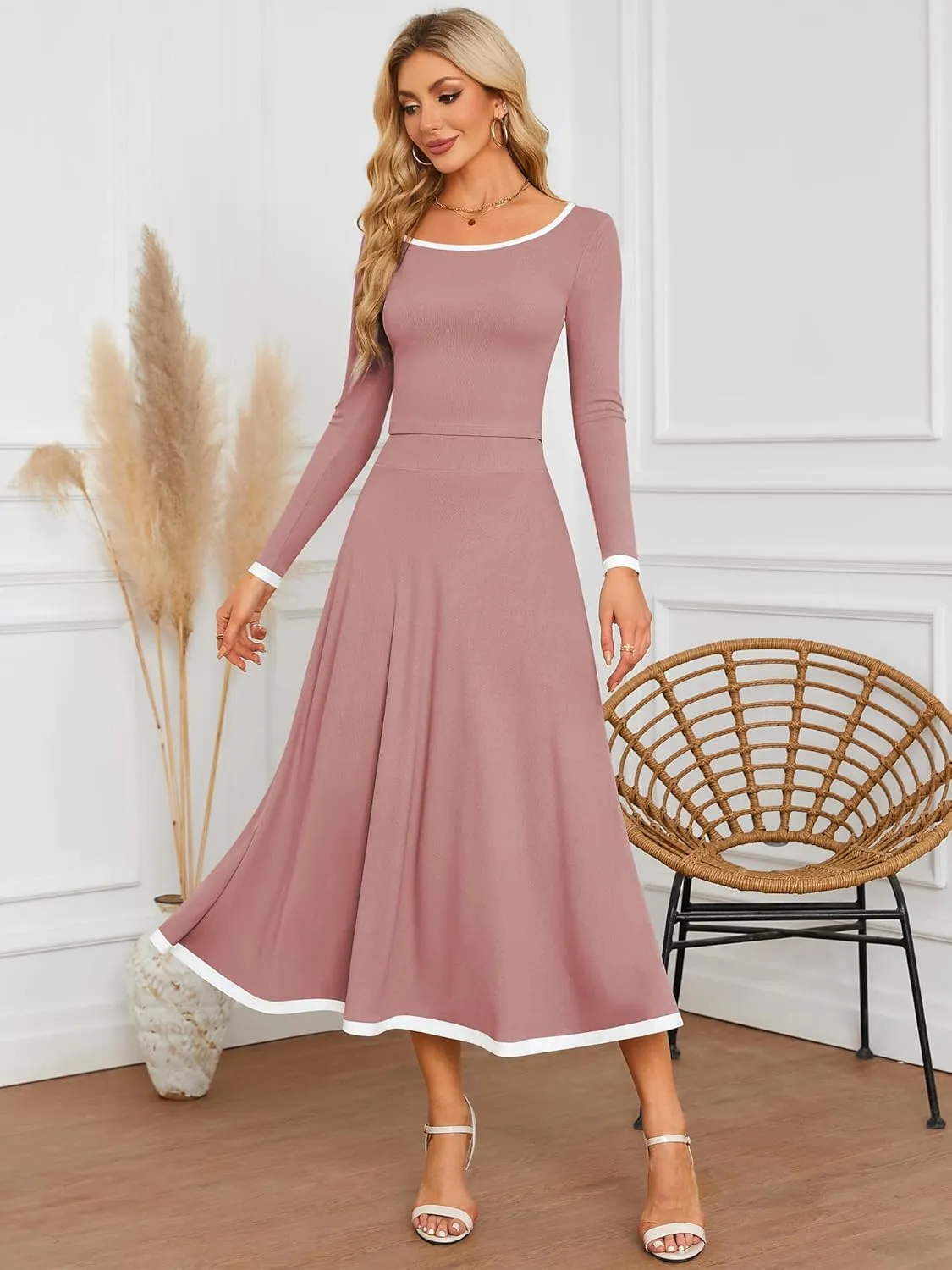 ZAFUL Two Piece Skirt Sets For Women 2024 Trendy Fall Outfits Square Neck Long Sleeve Crop Top Flowy Midi Skirt Set