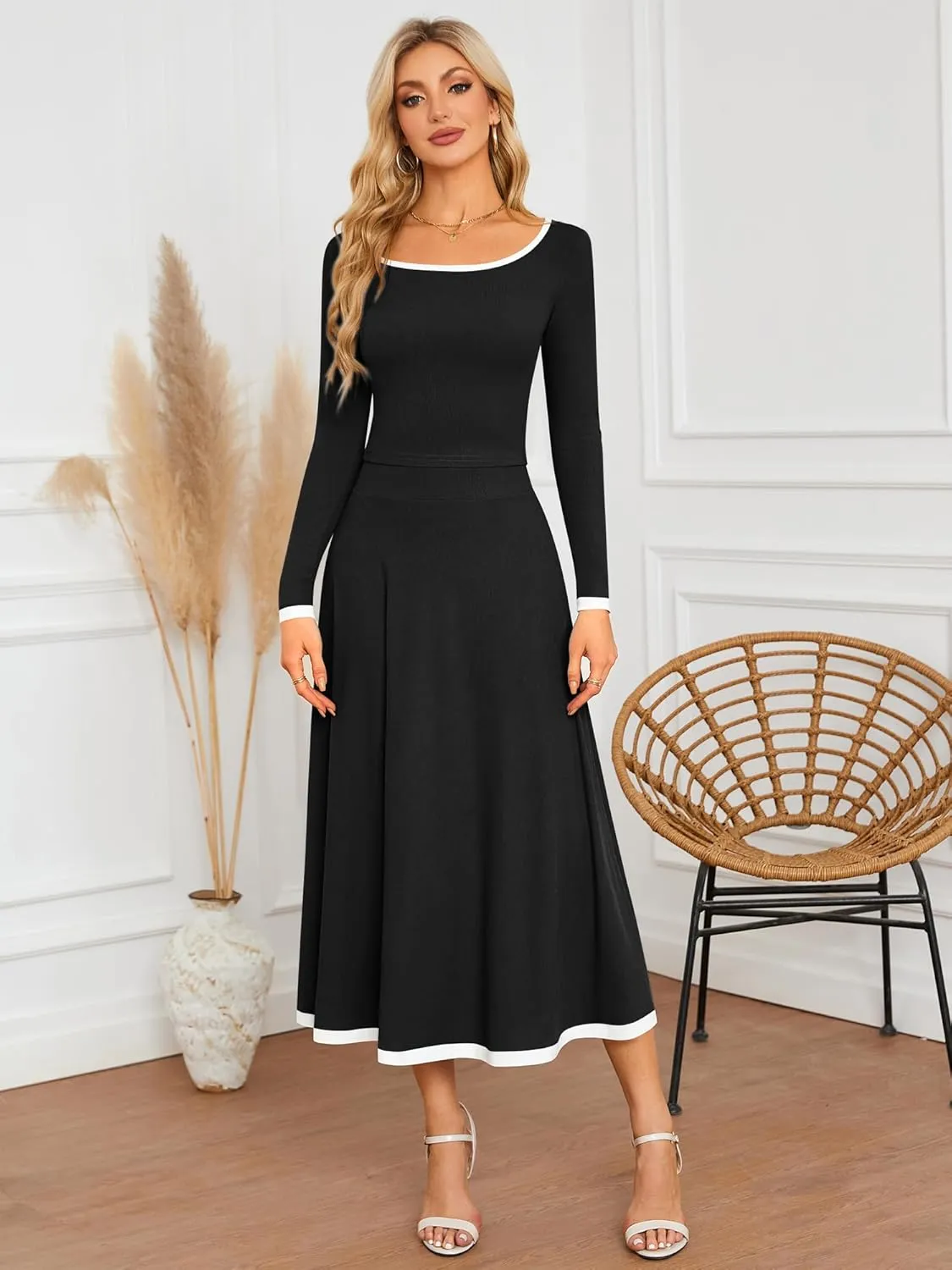 ZAFUL Two Piece Skirt Sets For Women 2024 Trendy Fall Outfits Square Neck Long Sleeve Crop Top Flowy Midi Skirt Set