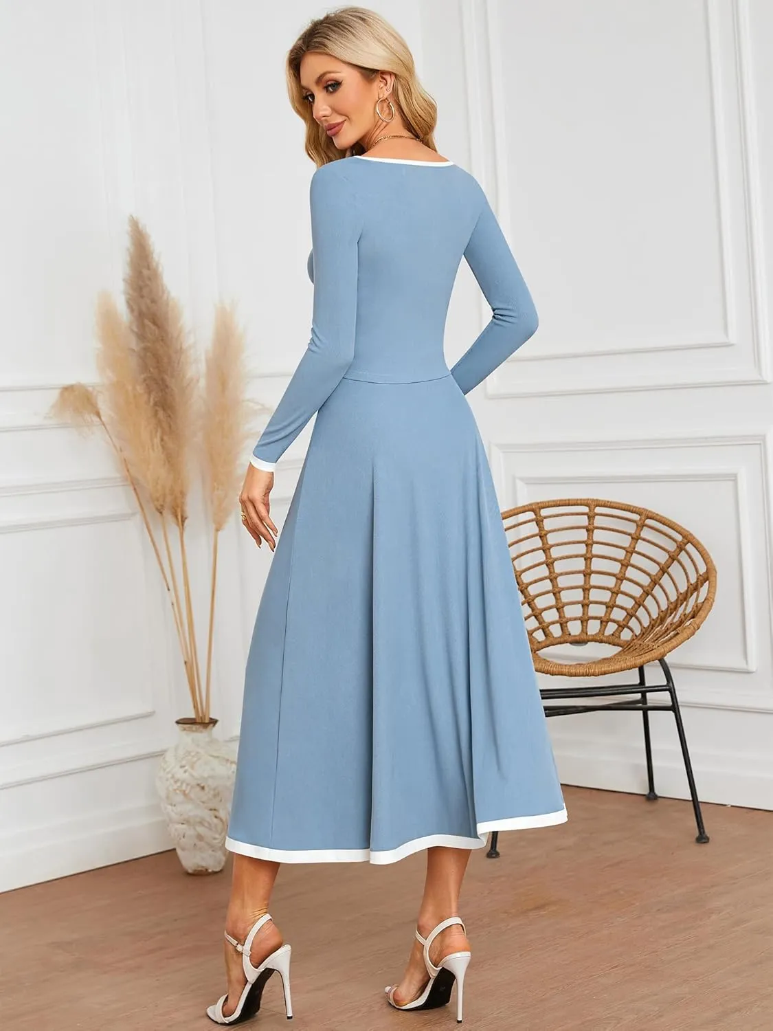 ZAFUL Two Piece Skirt Sets For Women 2024 Trendy Fall Outfits Square Neck Long Sleeve Crop Top Flowy Midi Skirt Set