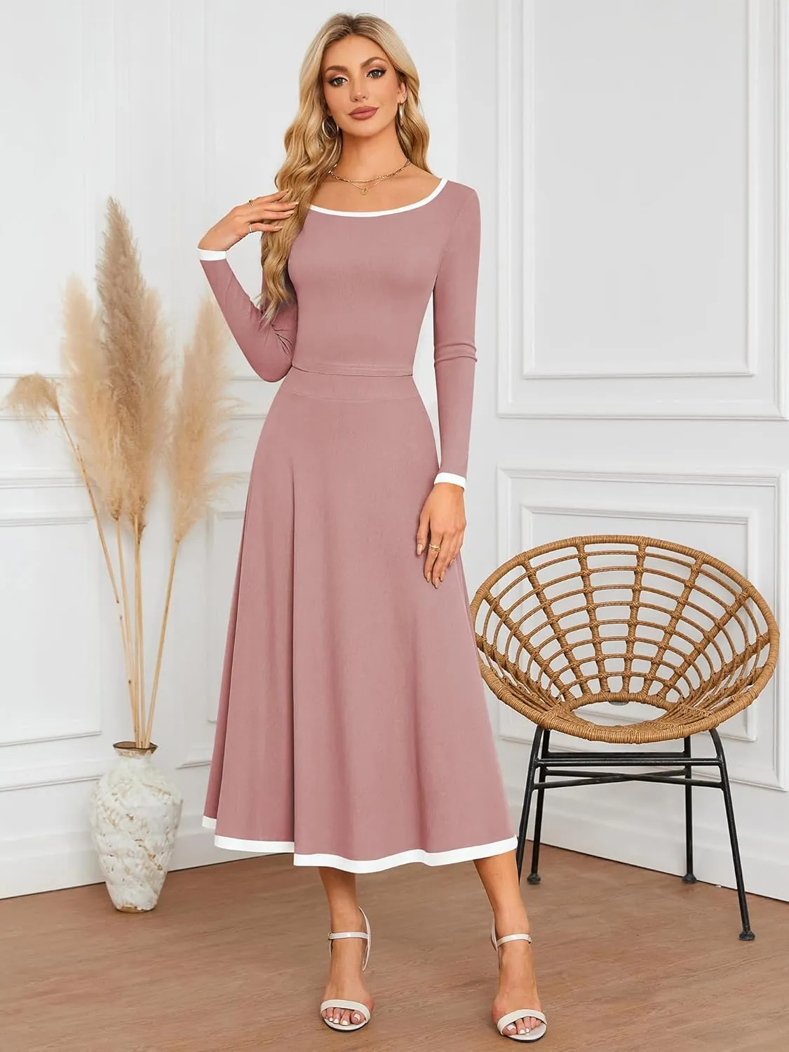 ZAFUL Two Piece Skirt Sets For Women 2024 Trendy Fall Outfits Square Neck Long Sleeve Crop Top Flowy Midi Skirt Set