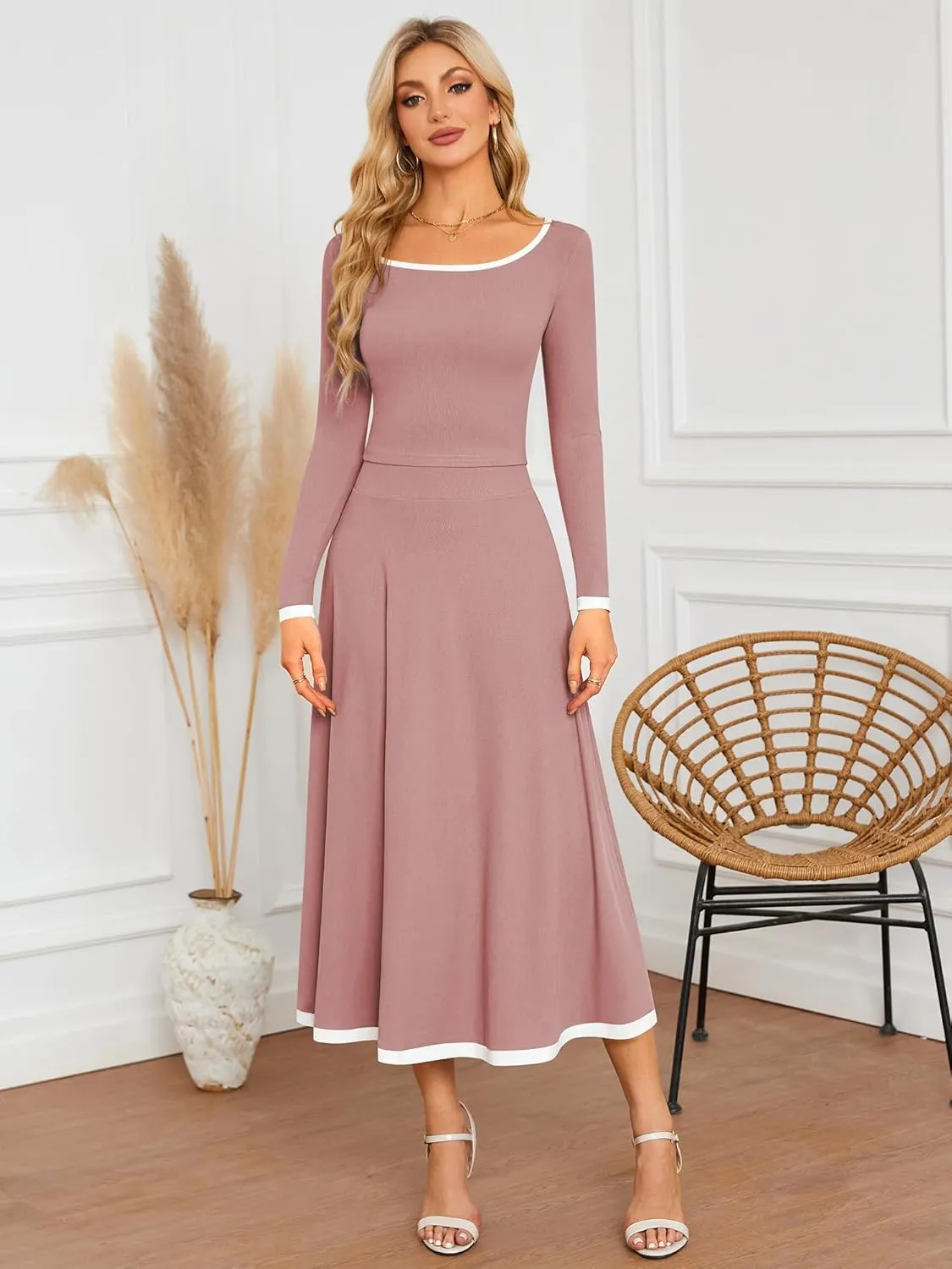ZAFUL Two Piece Skirt Sets For Women 2024 Trendy Fall Outfits Square Neck Long Sleeve Crop Top Flowy Midi Skirt Set