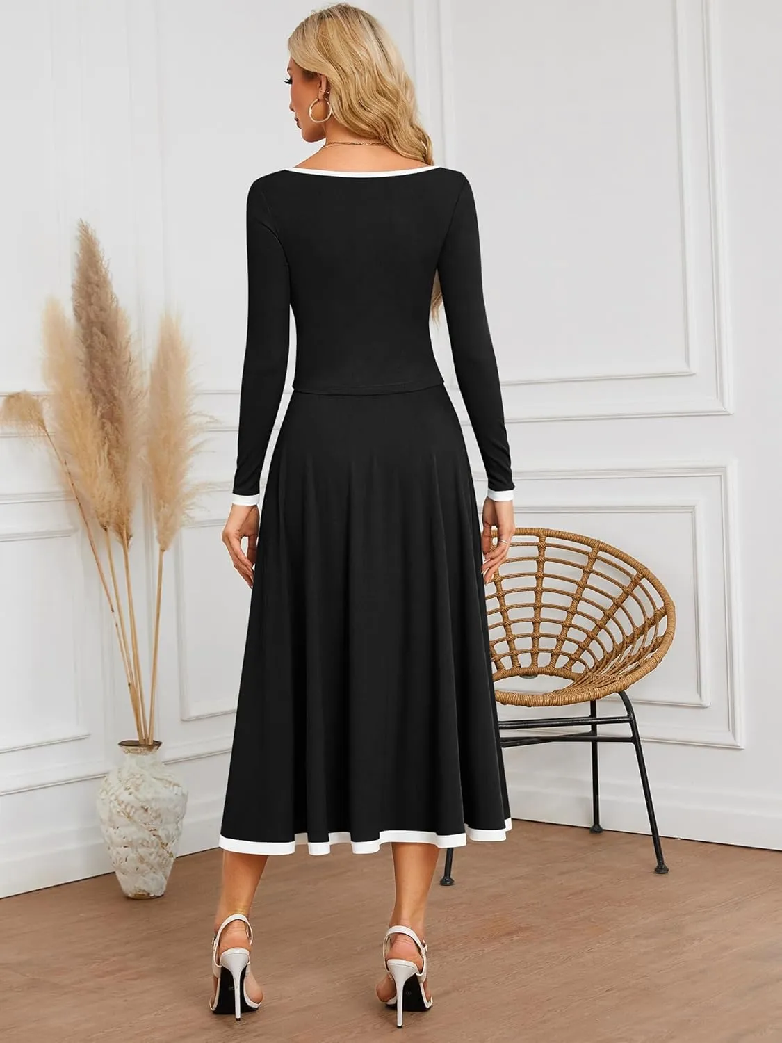 ZAFUL Two Piece Skirt Sets For Women 2024 Trendy Fall Outfits Square Neck Long Sleeve Crop Top Flowy Midi Skirt Set